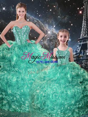 Low Price Beading and Ruffles Sweet 16 Dresses Turquoise Lace Up Sleeveless Floor Length