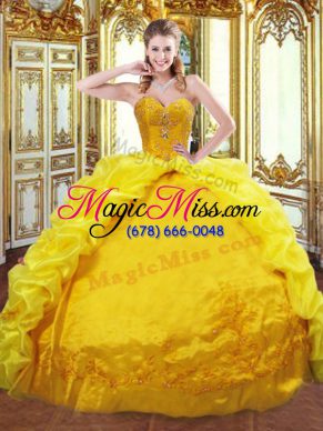 Hot Sale Sweetheart Sleeveless Taffeta Quince Ball Gowns Beading and Embroidery and Pick Ups Brush Train Lace Up