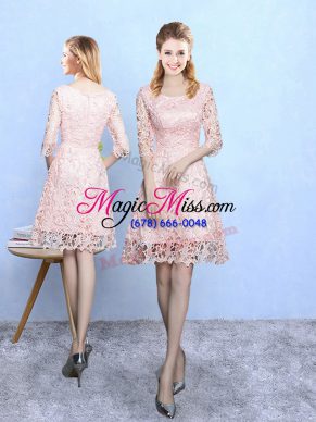 Best Half Sleeves Mini Length Lace Zipper Bridesmaid Gown with Baby Pink