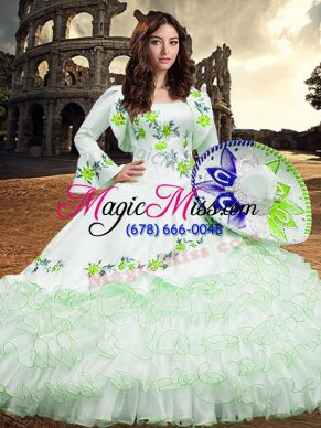 Organza Square Long Sleeves Lace Up Embroidery and Ruffled Layers Sweet 16 Dress in White