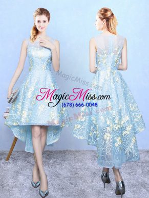 Popular Aqua Blue Organza Zipper Bridesmaids Dress Sleeveless High Low Embroidery