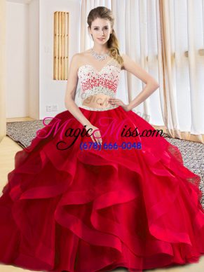 Red Sleeveless Beading and Ruffles Floor Length Quinceanera Gowns