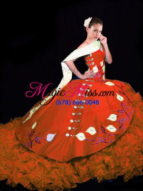 Delicate Rust Red V-neck Lace Up Embroidery and Ruffles 15 Quinceanera Dress Brush Train Sleeveless