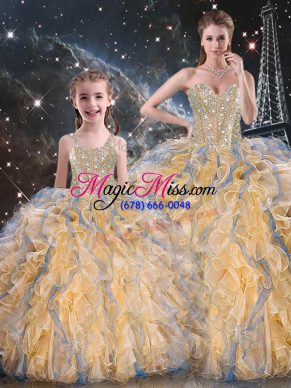 Edgy Sweetheart Sleeveless Organza Quince Ball Gowns Beading and Ruffles Lace Up