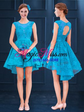 Baby Blue A-line Satin and Lace Scoop Sleeveless Lace High Low Lace Up Quinceanera Court of Honor Dress