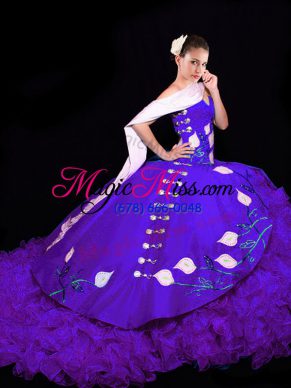 Purple Sweetheart Lace Up Embroidery and Ruffles 15th Birthday Dress Brush Train Sleeveless