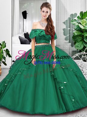 Dark Green Off The Shoulder Neckline Lace and Ruffles Quinceanera Dress Sleeveless Lace Up