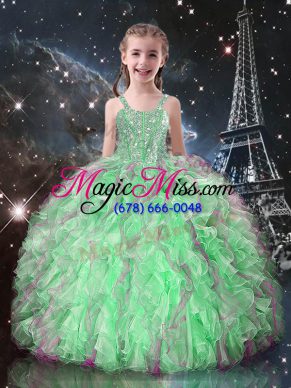 New Arrival Apple Green Straps Neckline Beading and Ruffles Little Girl Pageant Dress Sleeveless Lace Up