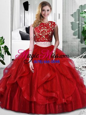 Fashionable Floor Length Wine Red 15th Birthday Dress Tulle Sleeveless Lace and Ruffles