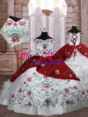 Floor Length Lace Up Girls Pageant Dresses White And Red for Quinceanera and Wedding Party with Embroidery and Ruffled Layers