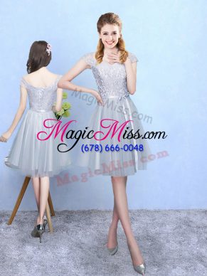 New Style Silver Tulle Lace Up Dama Dress for Quinceanera Cap Sleeves Knee Length Lace