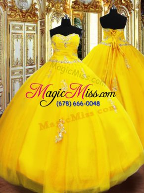 Gold Lace Up Sweetheart Beading and Appliques Vestidos de Quinceanera Tulle Sleeveless