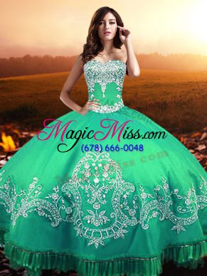 Turquoise Ball Gowns Sweetheart Sleeveless Taffeta Floor Length Lace Up Beading and Appliques 15th Birthday Dress