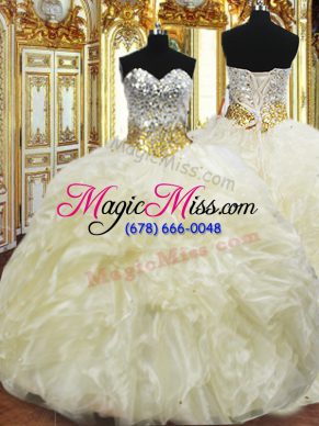 Low Price Light Yellow Ball Gowns Organza Sweetheart Sleeveless Beading and Ruffles Floor Length Lace Up Sweet 16 Dresses
