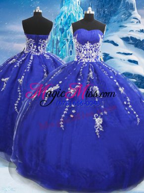 Blue Ball Gowns Appliques 15th Birthday Dress Lace Up Organza Sleeveless Floor Length
