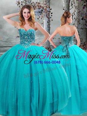 Admirable Aqua Blue Ball Gowns Sweetheart Sleeveless Tulle Floor Length Lace Up Beading Quince Ball Gowns
