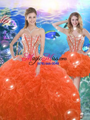 Orange Red Organza Lace Up Quinceanera Dress Sleeveless Floor Length Beading and Ruffles