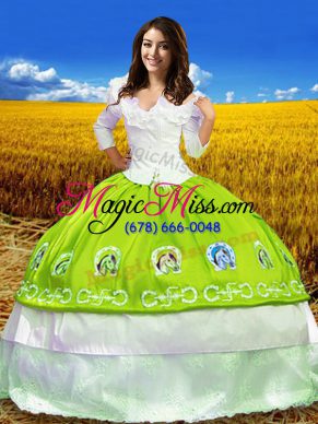 Excellent Yellow Green 3 4 Length Sleeve Floor Length Embroidery Lace Up Vestidos de Quinceanera