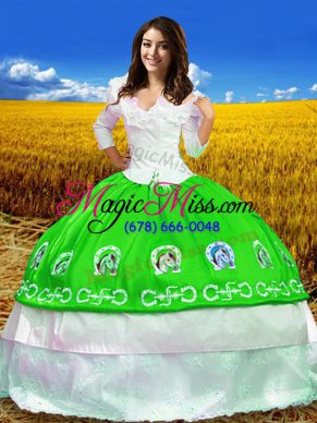 Deluxe Green Quinceanera Dresses Military Ball and Sweet 16 and Quinceanera with Embroidery Off The Shoulder 3 4 Length Sleeve Lace Up
