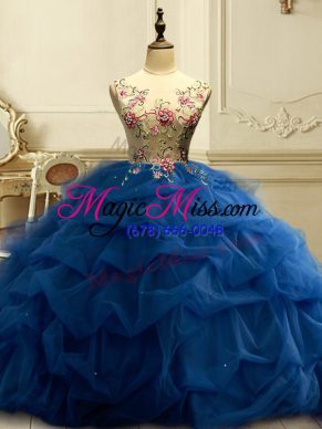 Navy Blue Sleeveless Appliques and Ruffles and Sequins Floor Length Quinceanera Gown
