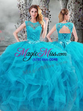 New Arrival Beading and Ruffles Quinceanera Dresses Baby Blue Lace Up Sleeveless Floor Length