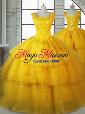 On Sale Ball Gowns Quinceanera Gowns Gold Straps Organza Sleeveless Floor Length Lace Up