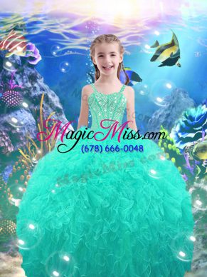 Turquoise Straps Neckline Beading Pageant Gowns For Girls Sleeveless Lace Up