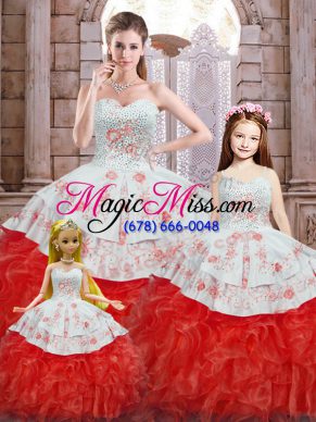 Excellent Floor Length Lace Up Quince Ball Gowns White And Red for Military Ball and Sweet 16 and Quinceanera with Beading and Appliques and Ruffles