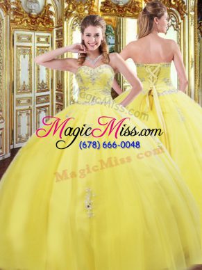 Best Gold Lace Up Sweetheart Beading and Appliques Quince Ball Gowns Tulle Sleeveless