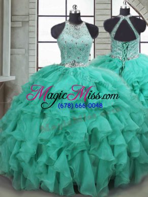 High Class Scoop Sleeveless Brush Train Lace Up Sweet 16 Dress Turquoise Organza