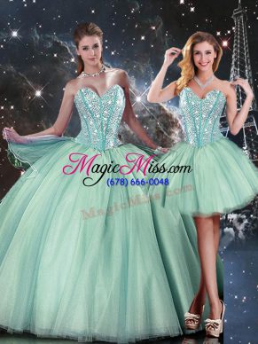 Extravagant Turquoise Lace Up Sweetheart Beading Quinceanera Gown Tulle Sleeveless