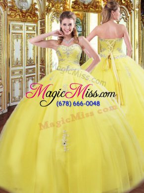 Yellow Ball Gowns Sweetheart Sleeveless Tulle Floor Length Lace Up Beading and Appliques Quinceanera Dresses