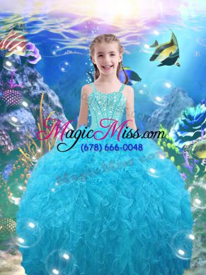 Aqua Blue Sleeveless Floor Length Beading and Ruffles Lace Up Child Pageant Dress