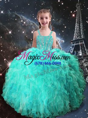 Amazing Turquoise Straps Neckline Beading and Ruffles Little Girls Pageant Dress Sleeveless Lace Up