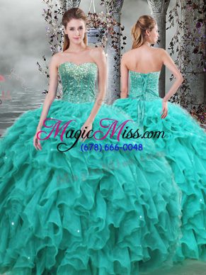 Fantastic Floor Length Turquoise 15 Quinceanera Dress Organza Sleeveless Beading and Ruffles