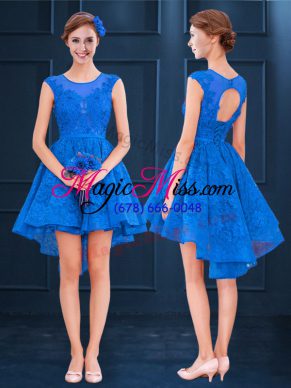 Admirable Lace and Belt Bridesmaid Gown Blue Clasp Handle Sleeveless High Low