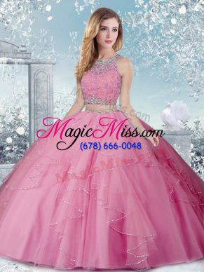 Cheap Rose Pink Ball Gowns Beading Quinceanera Gown Clasp Handle Tulle Sleeveless Floor Length