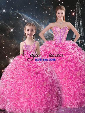 Sumptuous Sleeveless Organza Floor Length Lace Up Quinceanera Dresses in Rose Pink with Beading and Ruffles