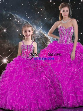 Luxurious Floor Length Fuchsia Quinceanera Gowns Sweetheart Sleeveless Lace Up