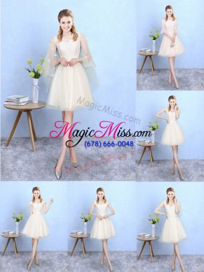 V-neck Cap Sleeves Lace Up Bridesmaid Dress Champagne Tulle