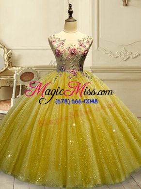 Smart Gold Lace Up Ball Gown Prom Dress Appliques and Sequins Sleeveless Floor Length