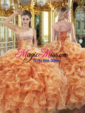 Vintage Floor Length Lace Up 15 Quinceanera Dress Orange for Military Ball and Sweet 16 and Quinceanera with Beading and Ruffles