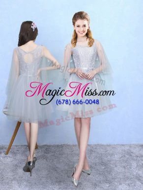 High Class Half Sleeves Tulle Knee Length Lace Up Quinceanera Court Dresses in Silver with Lace