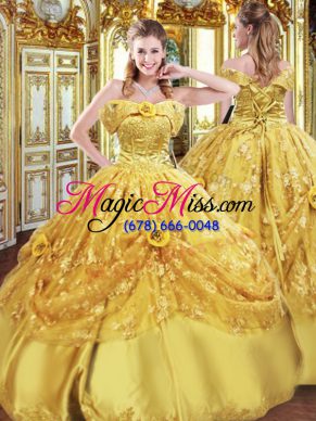 Discount Strapless Sleeveless Lace Up Quinceanera Gown Gold Tulle
