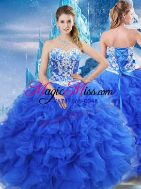 Sleeveless Floor Length Beading and Ruffles Lace Up 15th Birthday Dress with Blue