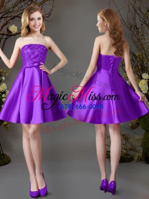 Enchanting Satin Strapless Sleeveless Lace Up Beading Bridesmaids Dress in Eggplant Purple