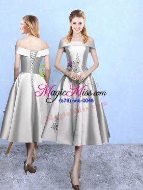 Discount Tea Length Silver Bridesmaids Dress Taffeta Sleeveless Appliques
