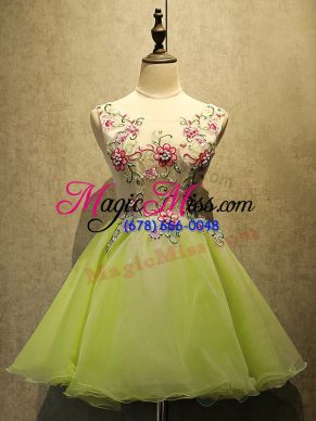 Low Price Olive Green Lace Up Prom Dress Embroidery Sleeveless Mini Length