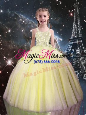 Light Yellow Ball Gowns Tulle Straps Sleeveless Beading Floor Length Lace Up Pageant Gowns For Girls