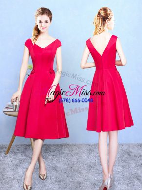 Tea Length Red Court Dresses for Sweet 16 Satin Cap Sleeves Ruching